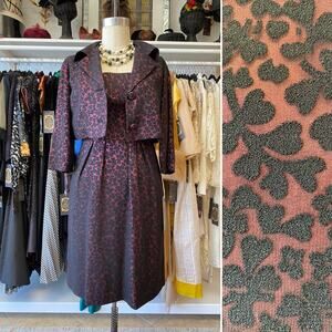 Vintage 1950s 2 piece dress and jacket burgundy and black, s/m, mrs maisel, mcm